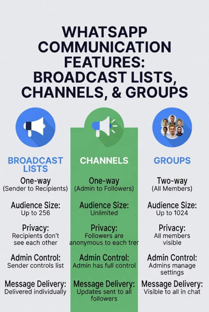 WhatsApp Broadcast Lists vs. Channels vs. Groups